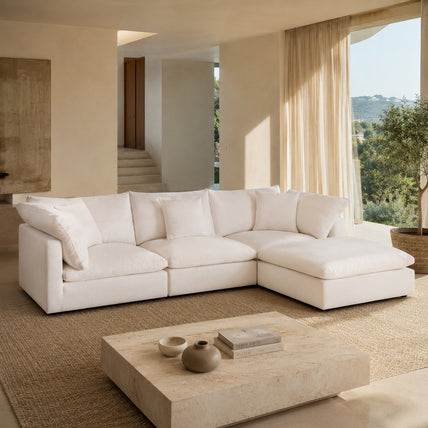 Dubai Feather Cloud Sofa White Linen 3 Seater + Ottoman