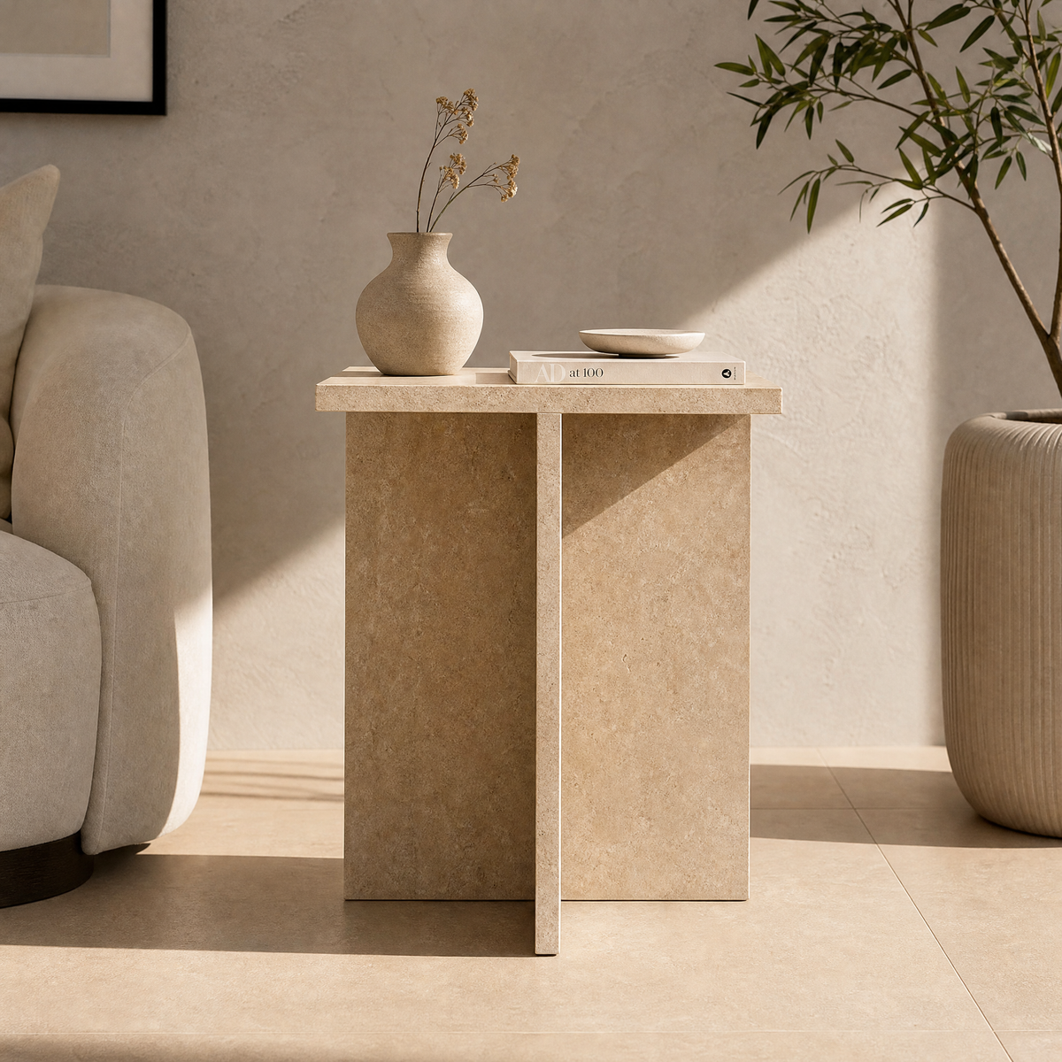 Peach Side Table Beige Unfilled Travertine