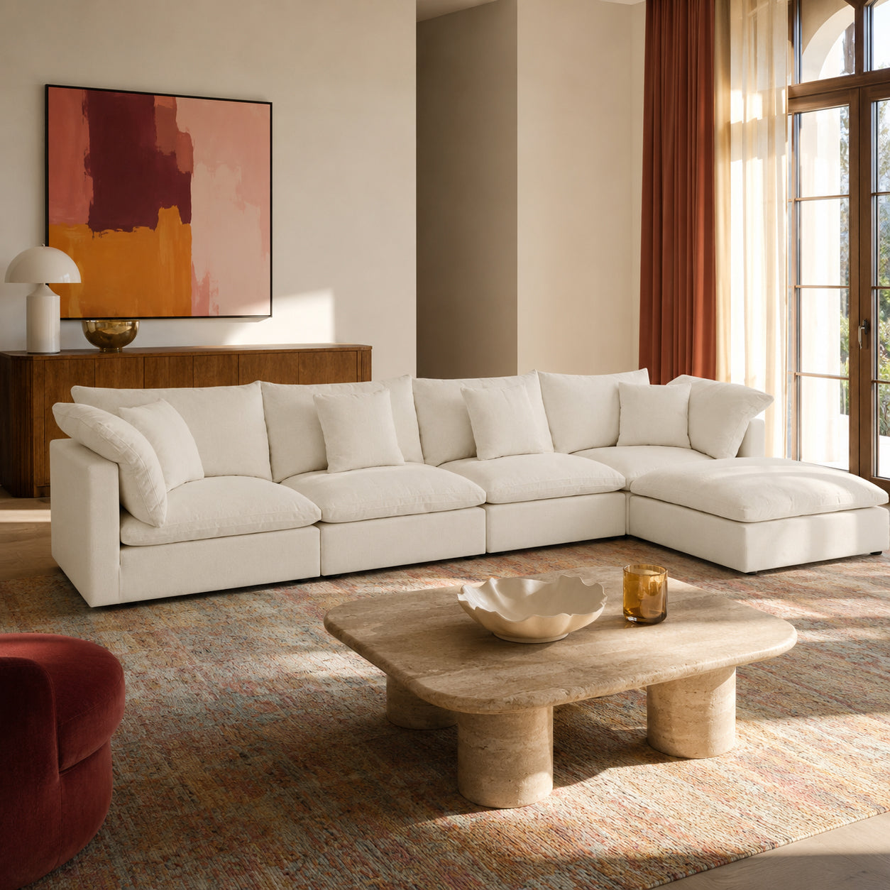 Dubai Feather Cloud Sofa White Linen 4 Seater + Ottoman