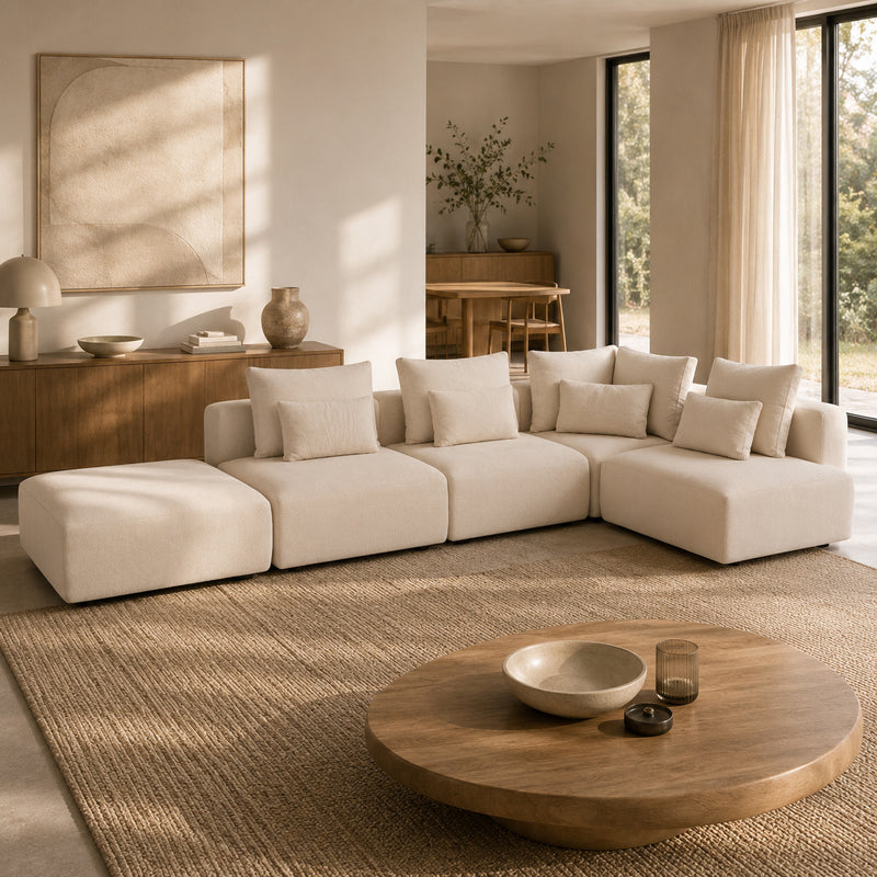 Jasmin Feather Cloud Sofa Beige Modular Corner + Ottoman