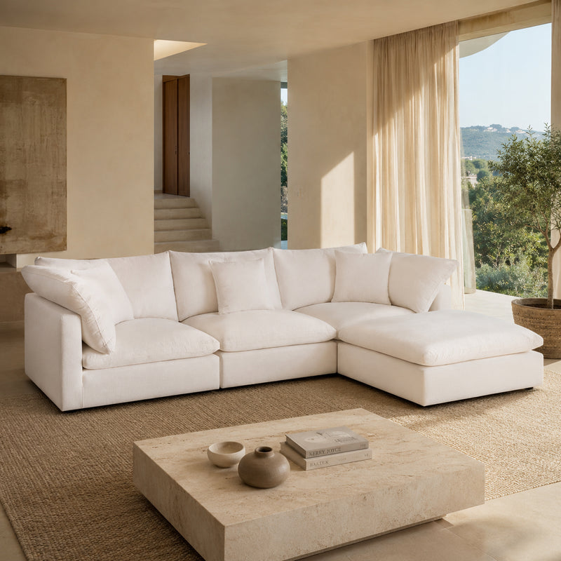 Dubai Feather Cloud Sofa White Linen 3 Seater + Ottoman