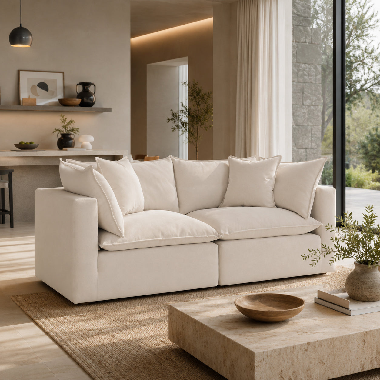 Mira Piped Feather Cloud Sofa Beige 2 Seater