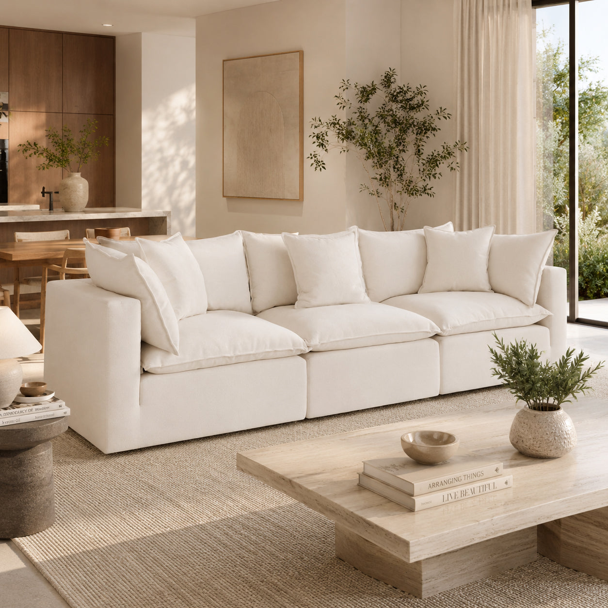 Mira Piped Feather Cloud  Sofa Beige 3 Seater