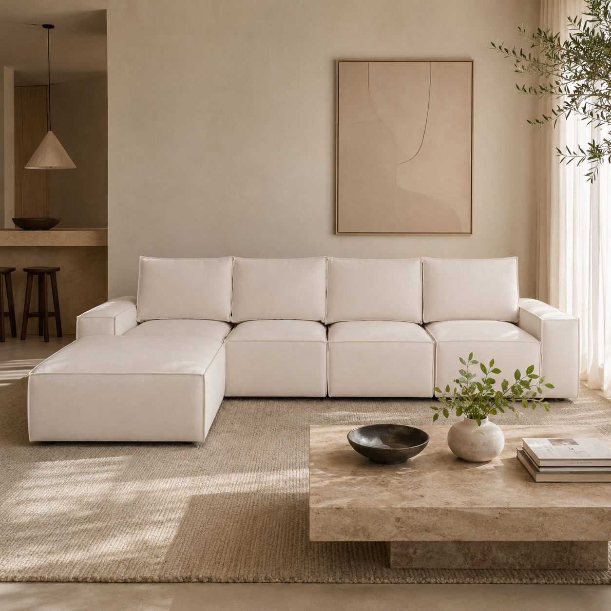 Sadir Sofa Beige 4 Seater + Ottoman